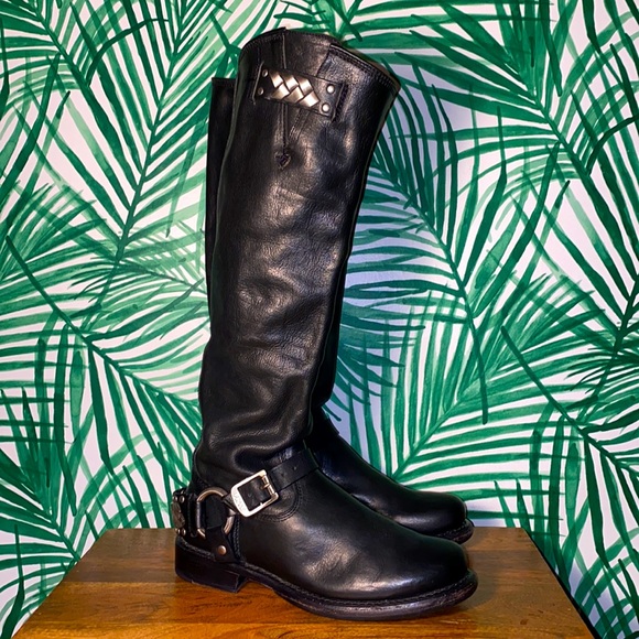 Frye Shoes - Frye Jenna Braid Black Leather Harness Knee High Motorcycle Boots 5.5 B